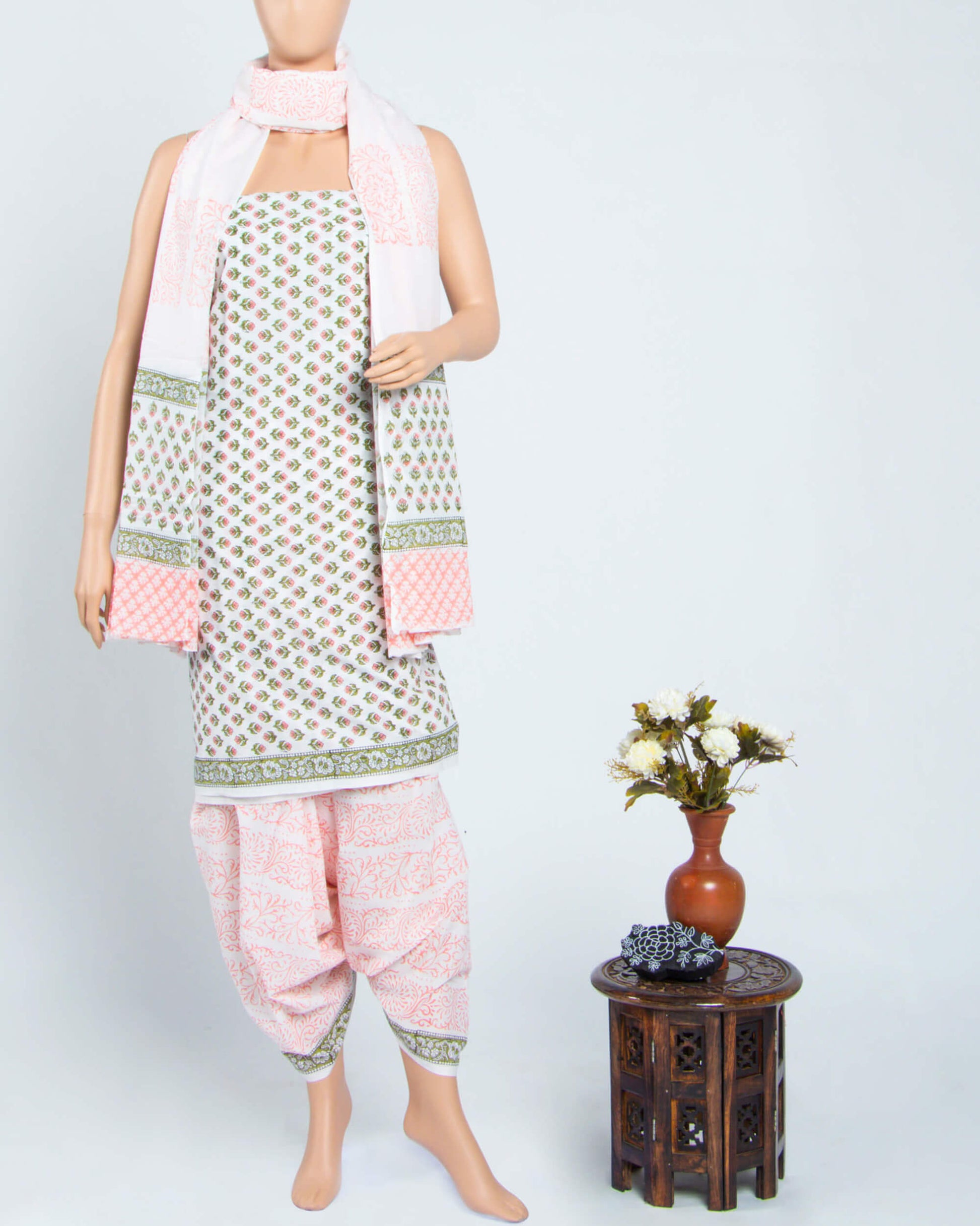 White And Rose Pink Floral Pattern Handblock Unstitched Cotton Suit With Mulmul Dupatta - Fabcurate