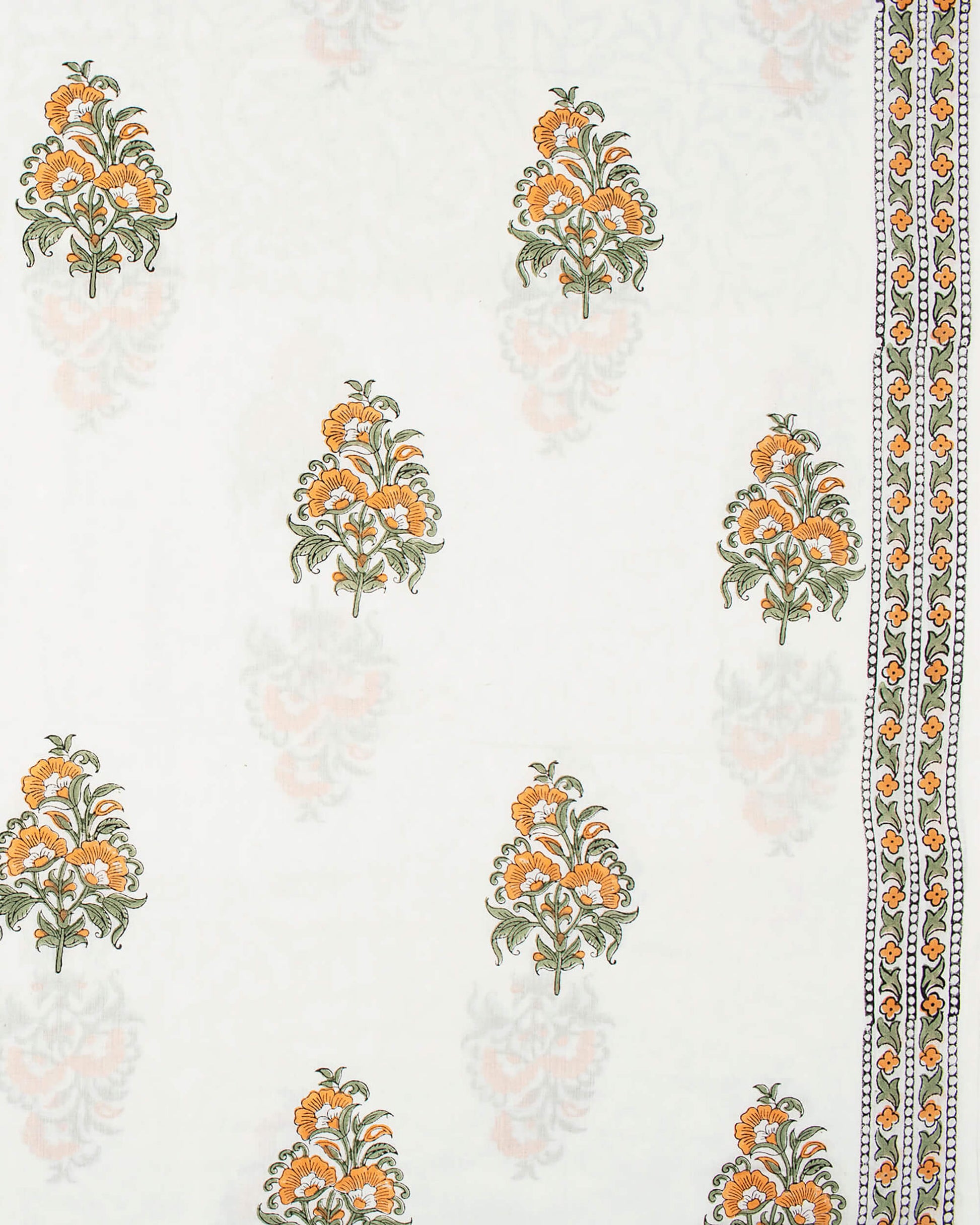 White And Marigold Yellow Floral Pattern Handblock Unstitched Cotton Suit With Mulmul Dupatta - Fabcurate