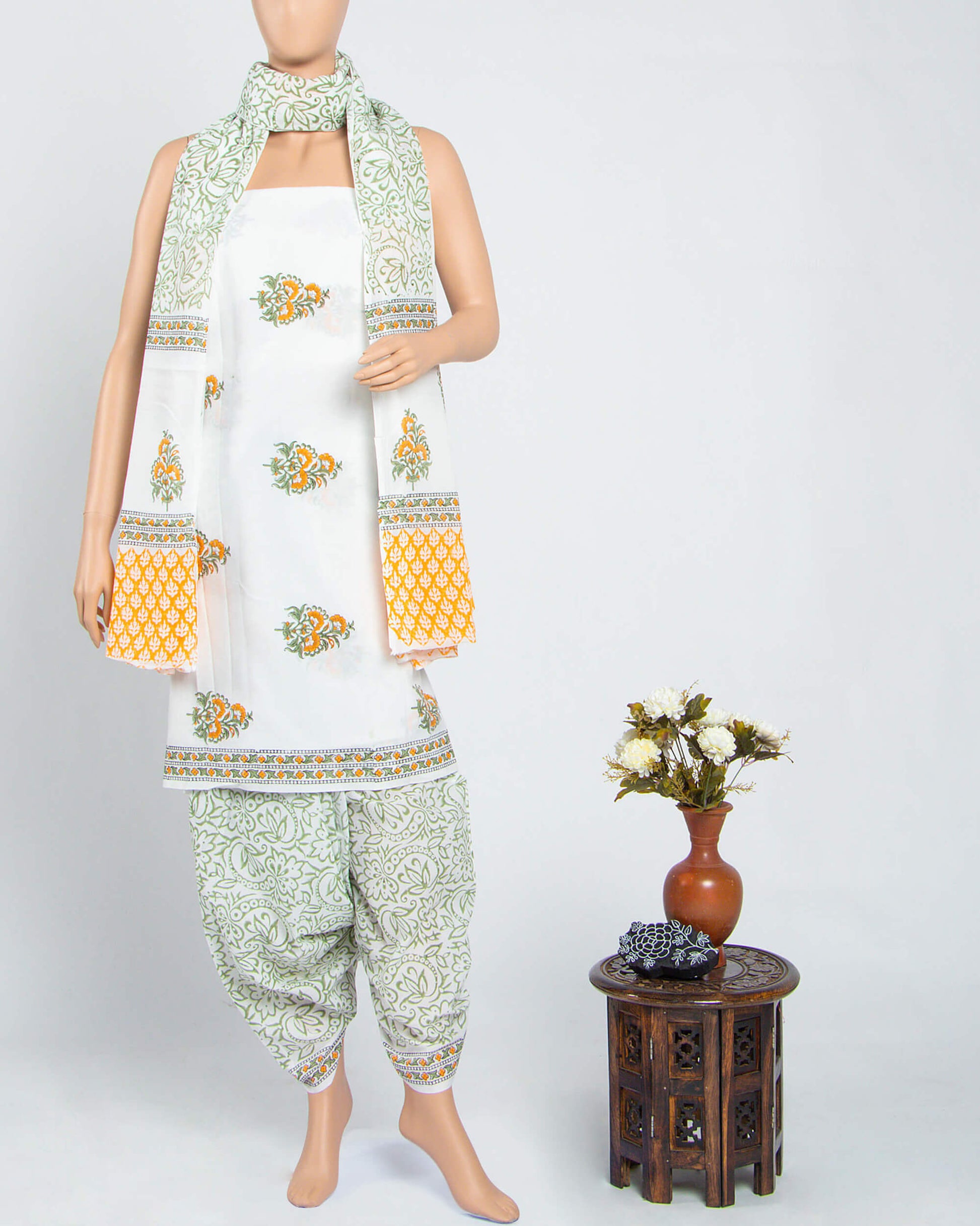 White And Marigold Yellow Floral Pattern Handblock Unstitched Cotton Suit With Mulmul Dupatta - Fabcurate