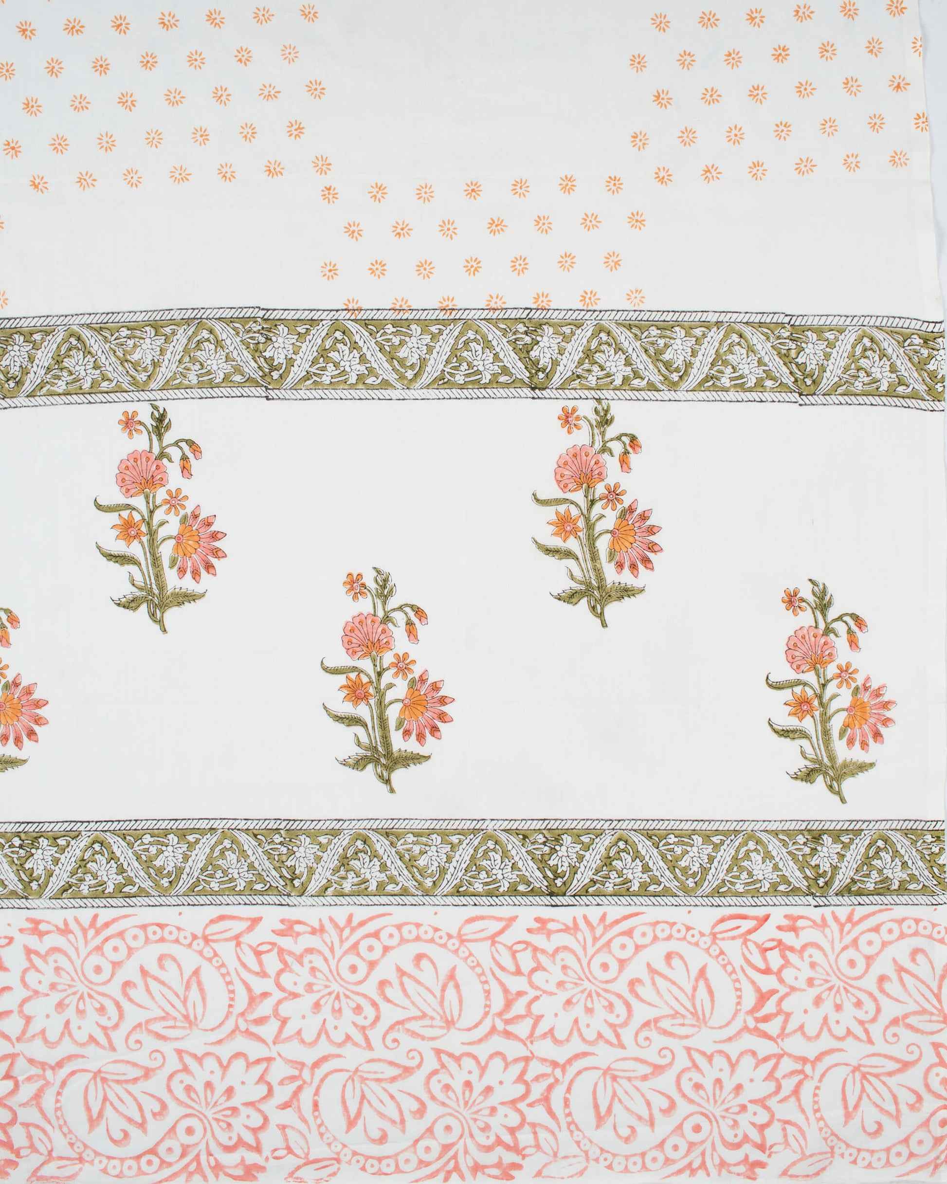 White And Peach Floral Pattern Handblock Unstitched Cotton Suit With Mulmul Dupatta - Fabcurate