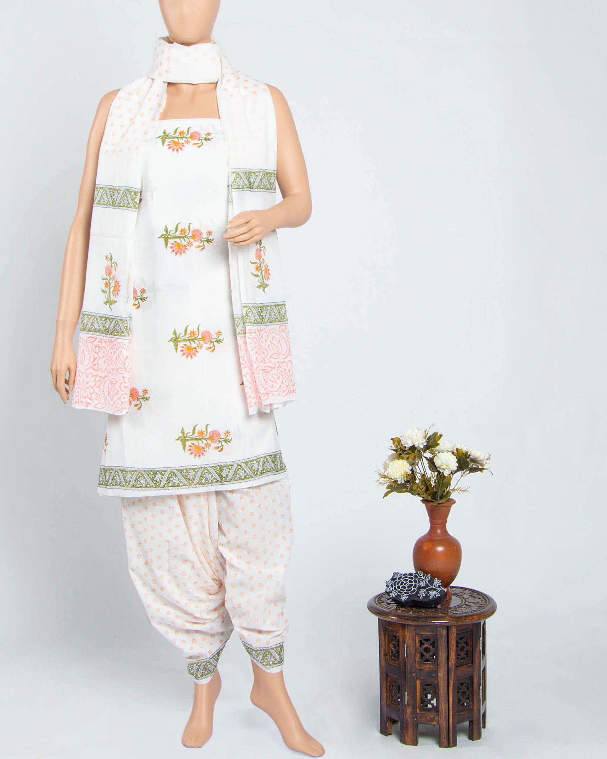 White And Peach Floral Pattern Handblock Unstitched Cotton Suit With Mulmul Dupatta - Fabcurate