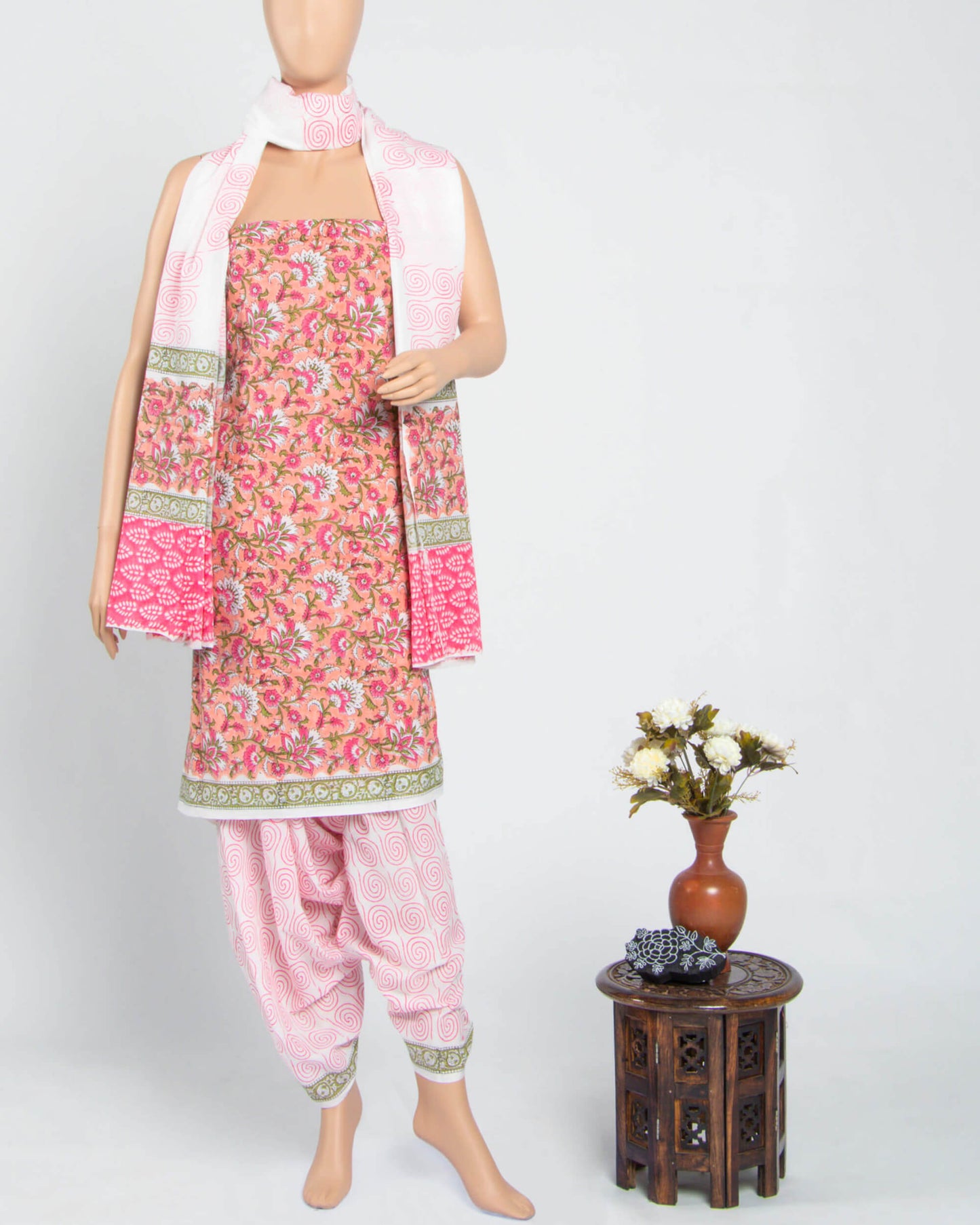 Peach And Pink Floral Pattern Handblock Unstitched Cotton Suit With Mulmul Dupatta - Fabcurate