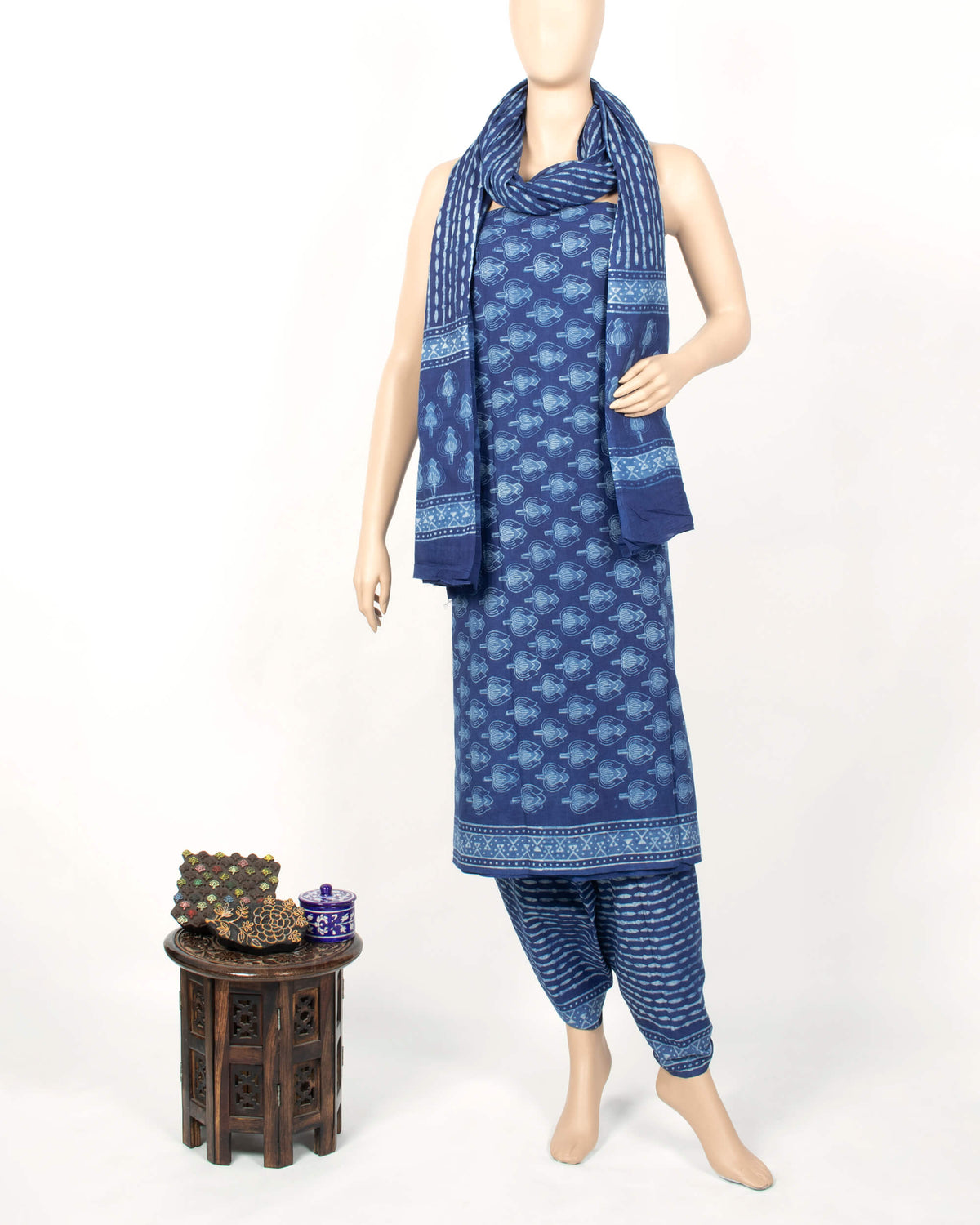 Indigo Floral Pattern Natural Dye Akola Handblock Unstitched Cotton Suit With Dupatta
