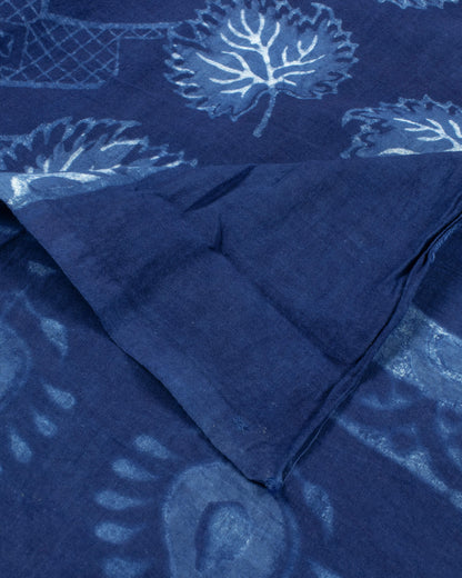 Indigo Leaf Pattern Natural Dye Akola Handblock Unstitched Cotton Suit With Dupatta