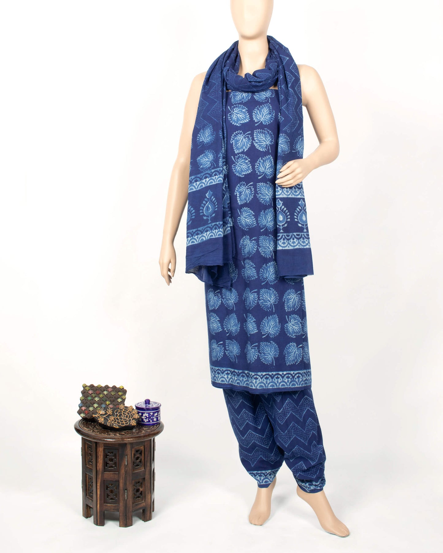 Indigo Leaf Pattern Natural Dye Akola Handblock Unstitched Cotton Suit With Dupatta