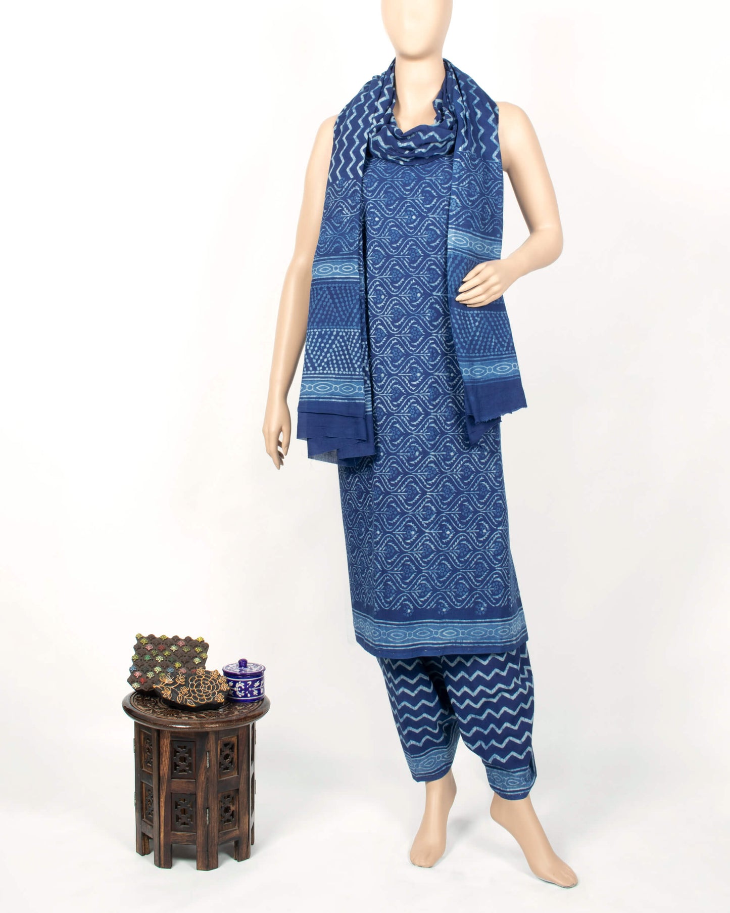 Indigo Trellis Pattern Natural Dye Akola Handblock Unstitched Cotton Suit With Dupatta