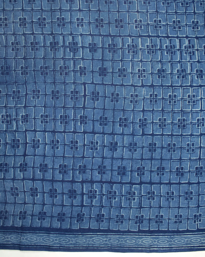 Indigo Geometric Pattern Natural Dye Akola Handblock Unstitched Cotton Suit With Dupatta