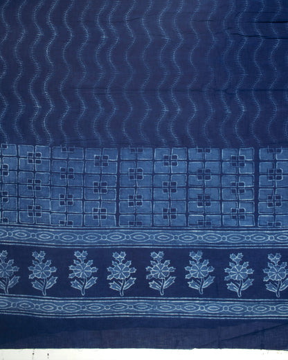 Indigo Geometric Pattern Natural Dye Akola Handblock Unstitched Cotton Suit With Dupatta