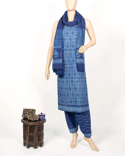 Indigo Geometric Pattern Natural Dye Akola Handblock Unstitched Cotton Suit With Dupatta