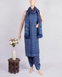 Indigo Geometric Pattern Natural Dye Akola Handblock Unstitched Cotton Suit With Dupatta