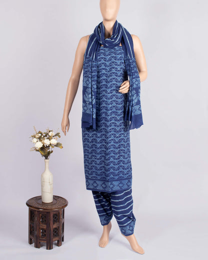 Indigo Geometric Pattern Natural Dye Akola Handblock Unstitched Cotton Suit With Dupatta