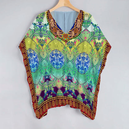 Emerald Green And Royal Blue Ethnic Pattern Unstitched Georgette Kaftan