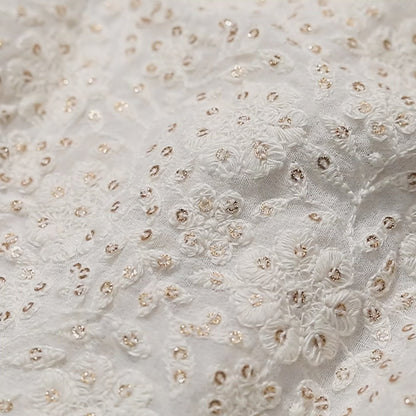 White Floral Pattern Exclusive Sequins Embroidery Dyeable Georgette Fabric