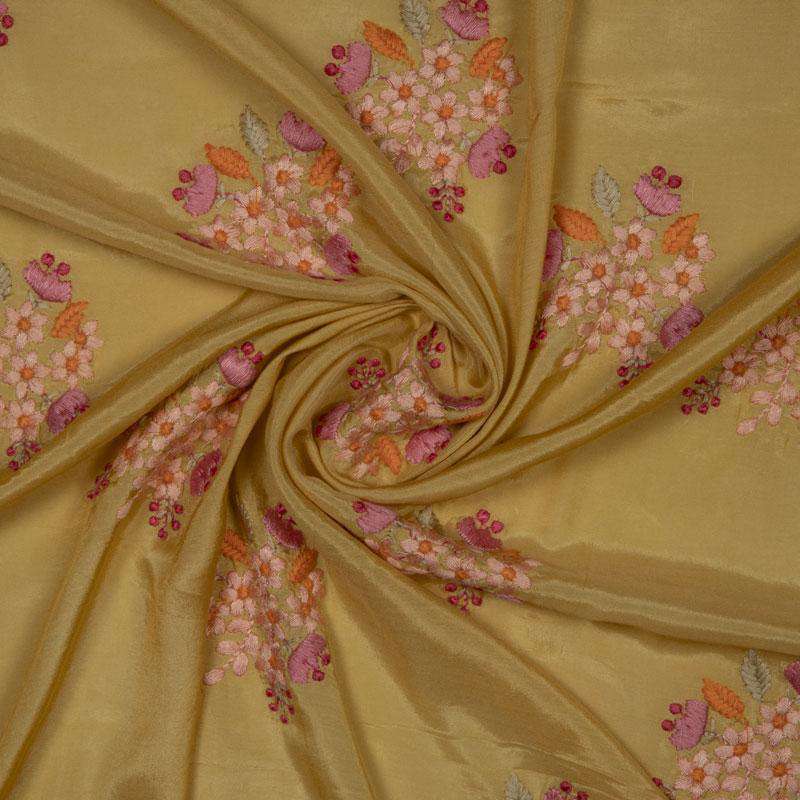 Yellow Floral Pattern Embroidery Silk Fabric