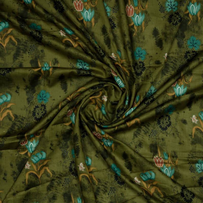 Olive Floral Pattern Rayon Fabric