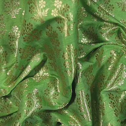 Dark Green Banarasi Mugal Floral Pattern Katan Zari Silk Fabric