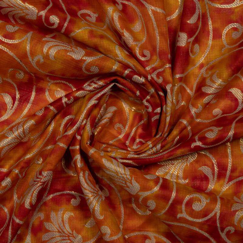 Orange And Red Tie And Dye Foil Printed Kota Doria Fabric - Fabcurate