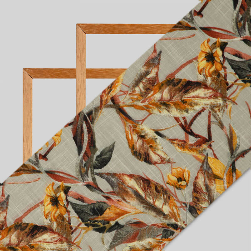 Grey And Brown Leaf Pattern Cotton Slub Fabric