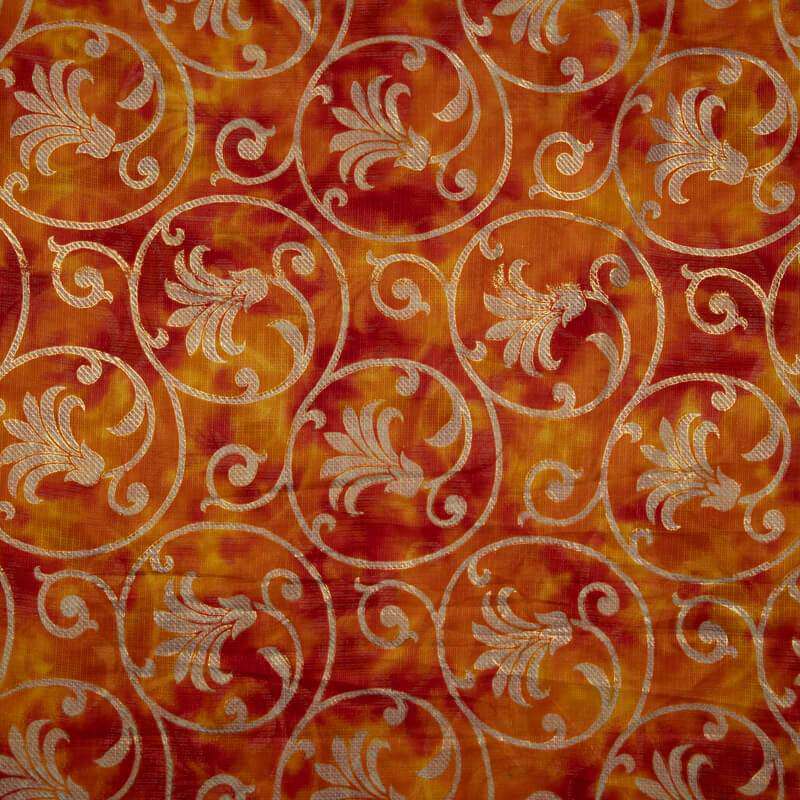 Orange And Red Tie And Dye Foil Printed Kota Doria Fabric - Fabcurate