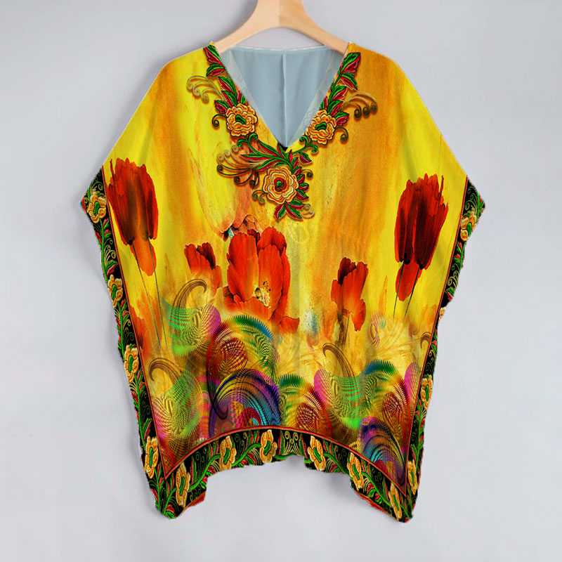 Yellow And Red Floral Pattern Unstitched Georgette Kaftan