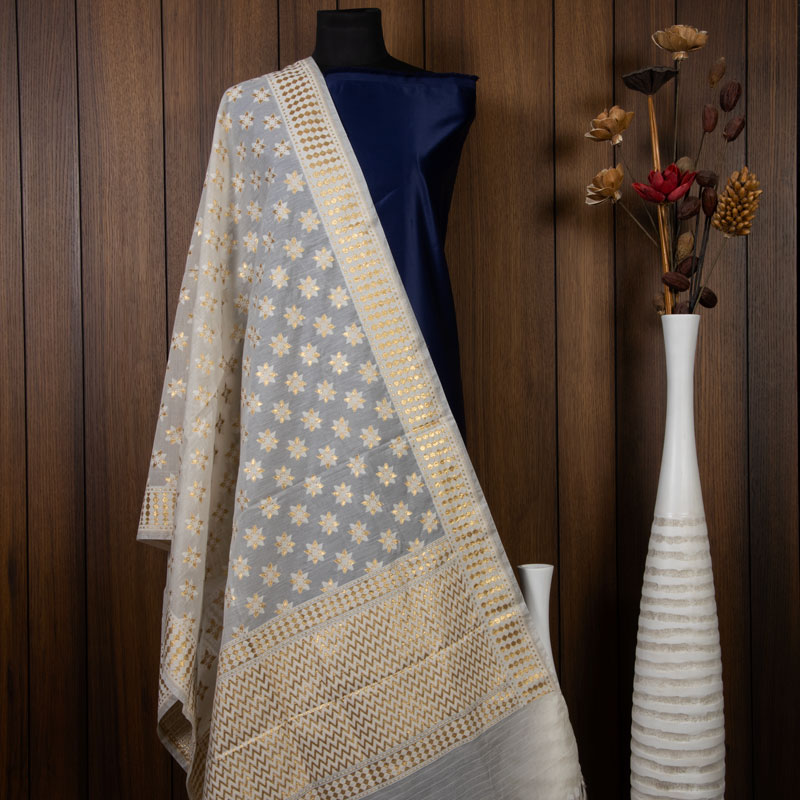 White Ethnic Pattern Cotton Jari Jacquard Dupatta