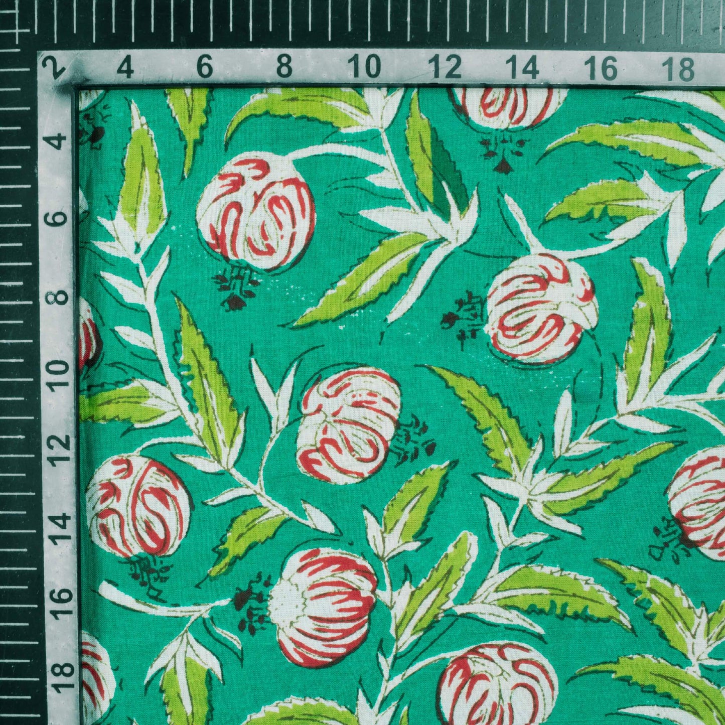 (Cut Piece 1.6 Mtr) Spring Green And Red Floral Pattern Screen Print Cotton Cambric Fabric