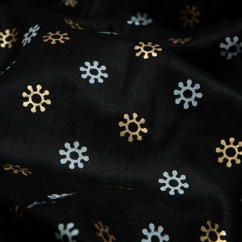 Black Ethnic Dot Khari And Foil Cotton Fabric