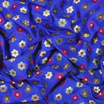 Royal Blue And Fuchsia Floral Pattern Zari Jacquard Banarasi Taffeta Silk Fabric
