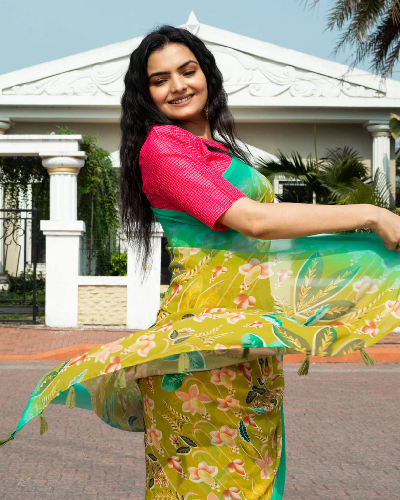 Olive Green And Pink Floral Pattern Digital Print Georgette Saree With Tassels