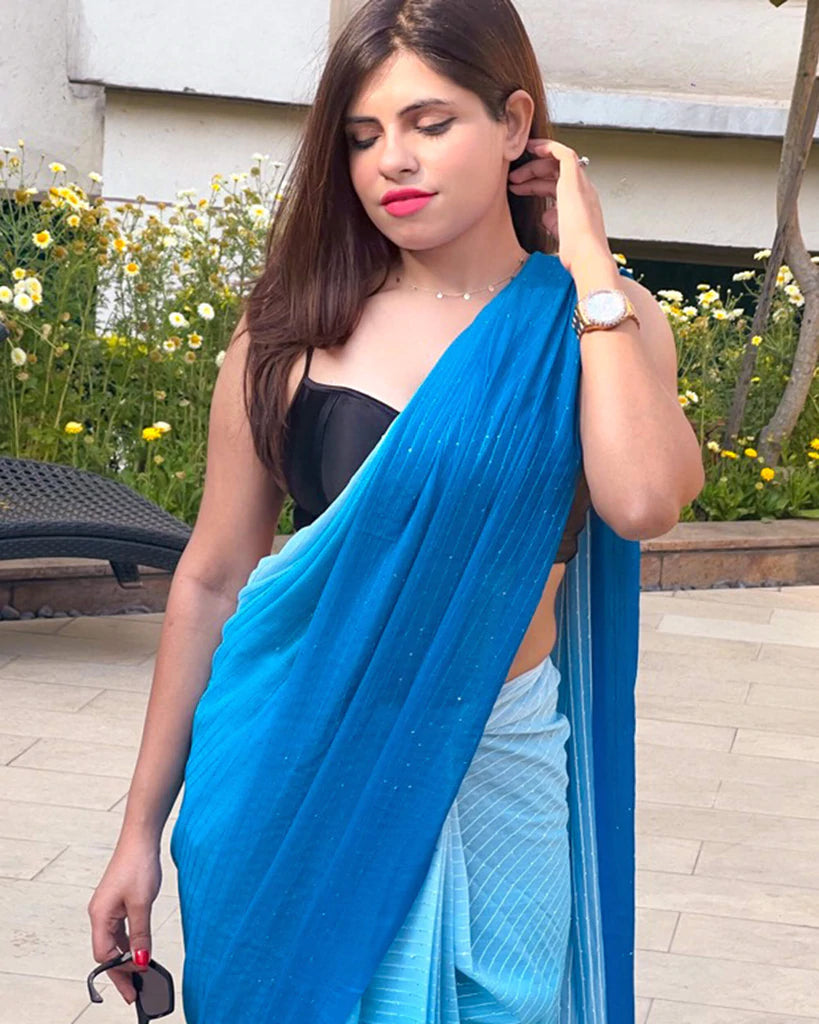 Ocean Blue Ombre Pattern Premium Sequins Georgette Saree