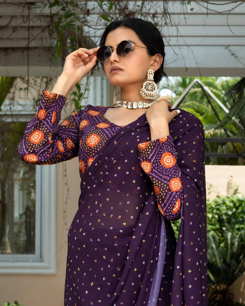 Raisin Purple And Yellow Bandhanii Pattern Digital Print Georgette Saree