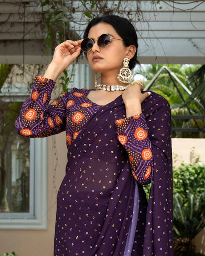 Raisin Purple And Yellow Bandhanii Pattern Digital Print Georgette Saree