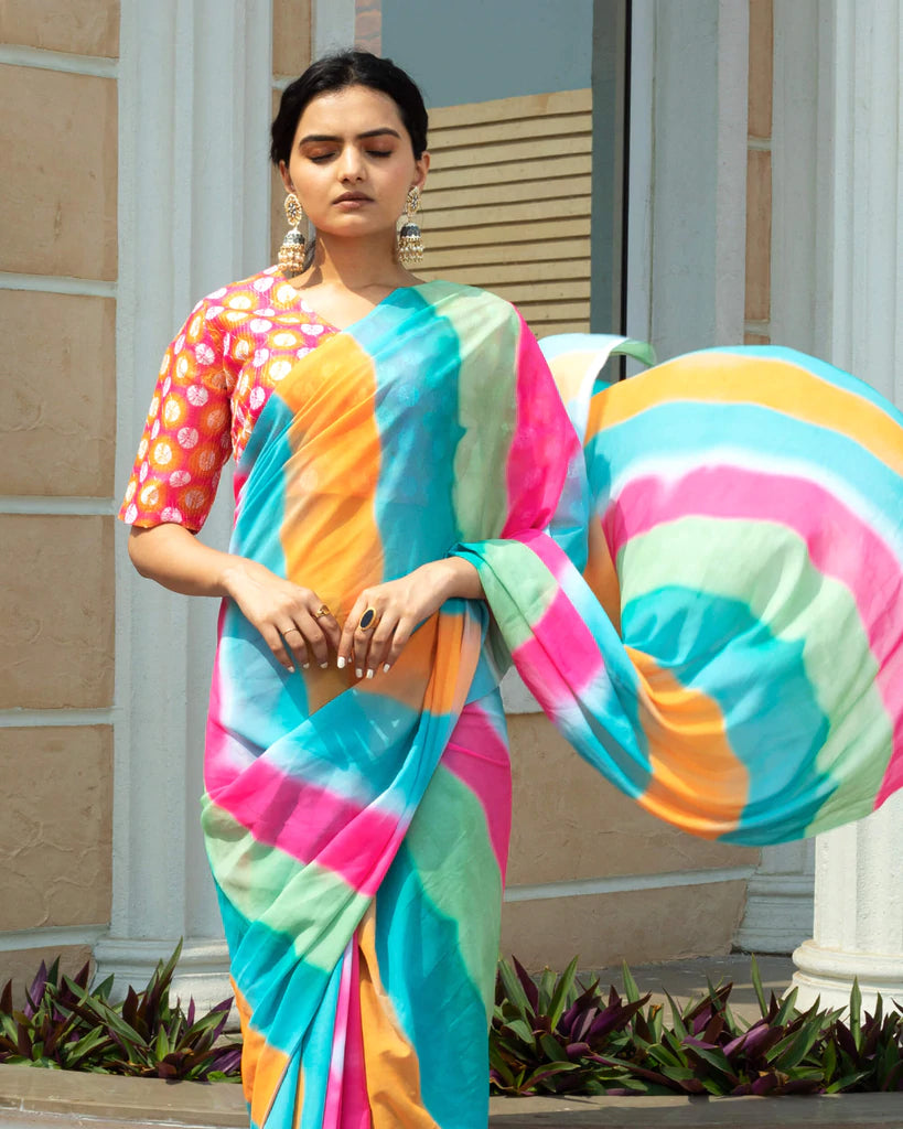 Multi-Color Stripes Pattern Digital Print Georgette Ready To Wear Saree