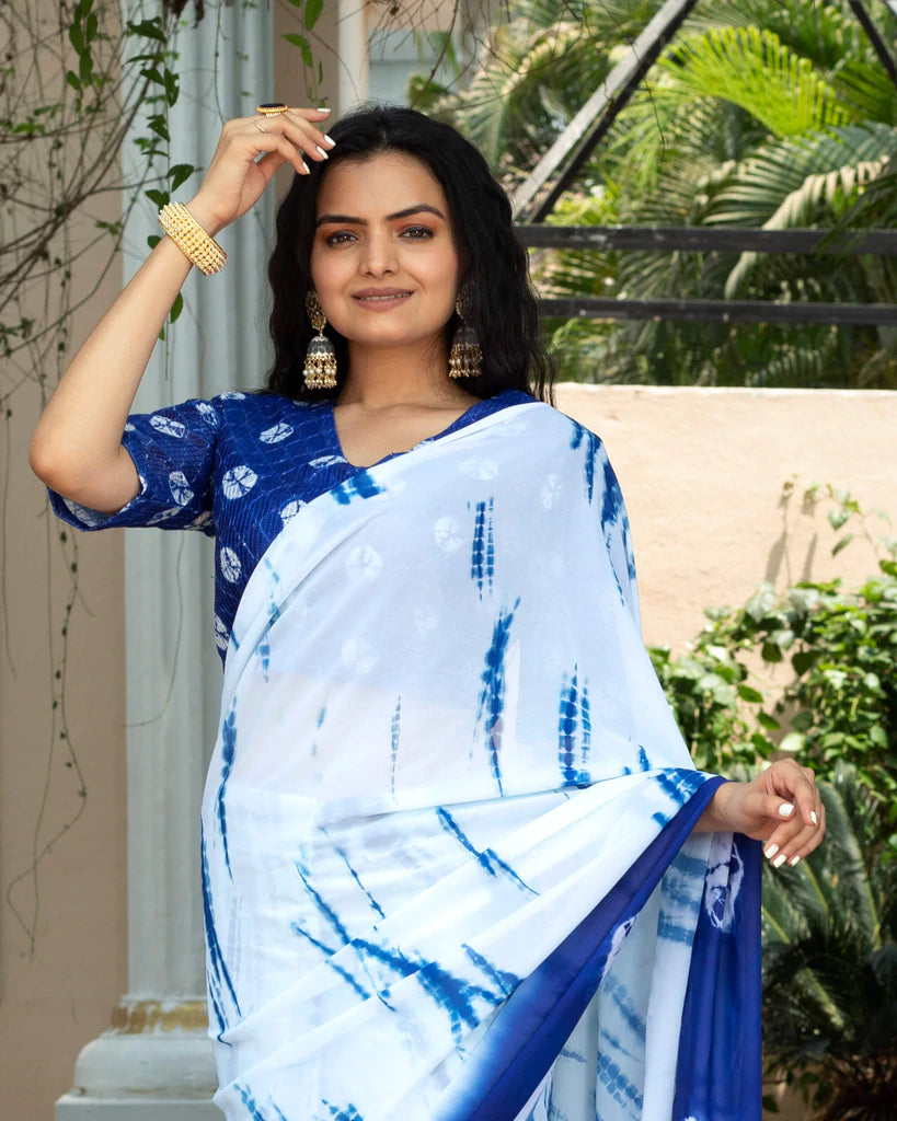 Pastel Blue & Navy Blue Shiiborii Pattern Digital Print Georgette Saree