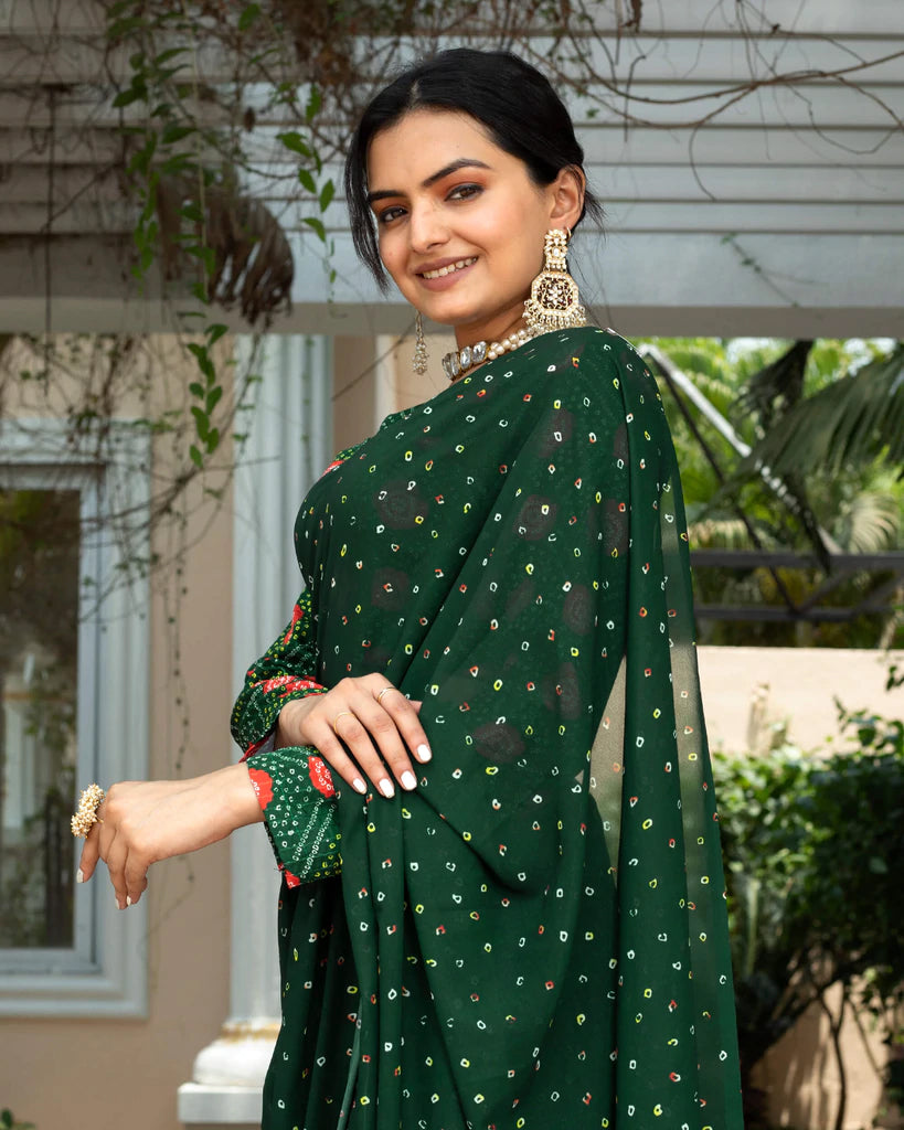 Kaitoke Green And Yellow Bandhanii Pattern Digital Print Georgette Saree